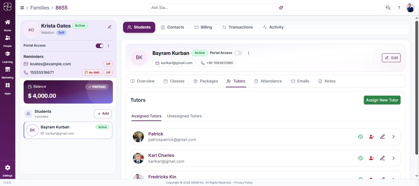 Manage tutors in Seemi CRM student profile