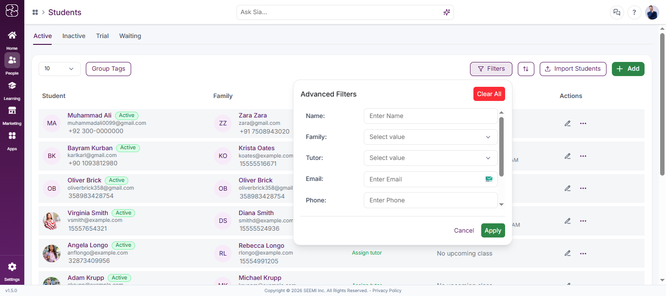 Student filters in Seemi CRM