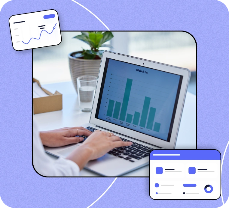 Laptop displaying analytics showing business growth and revenue trends.