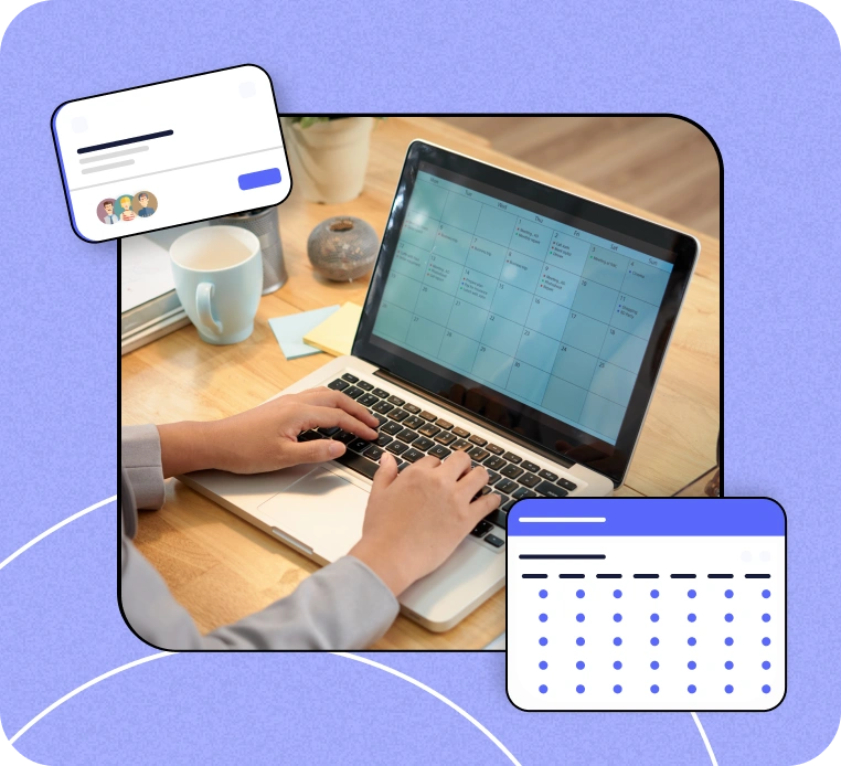 Laptop screen with scheduling tools and a digital calendar.