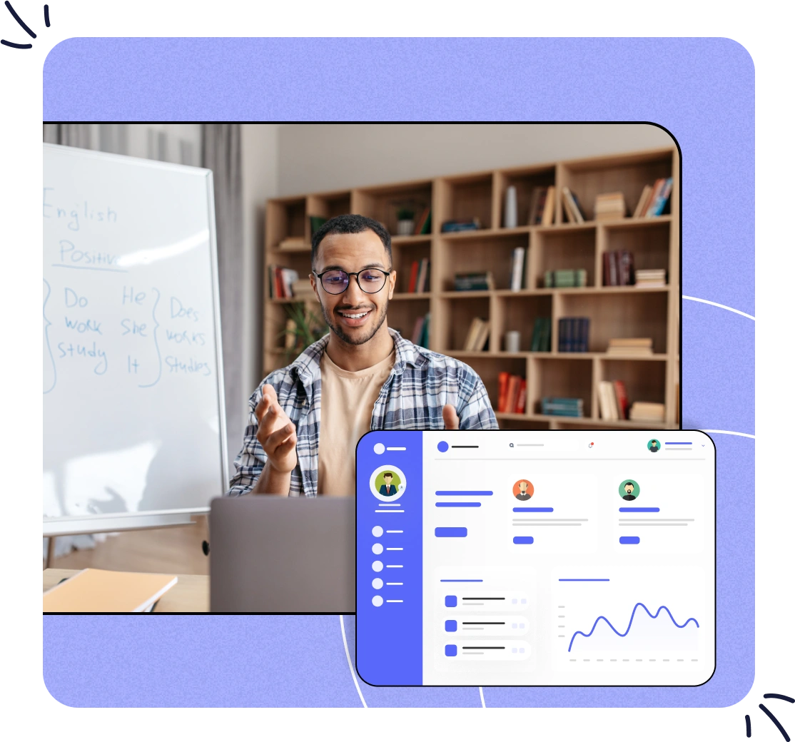 Tutor teaching in a classroom with a tutoring dashboard on screen.