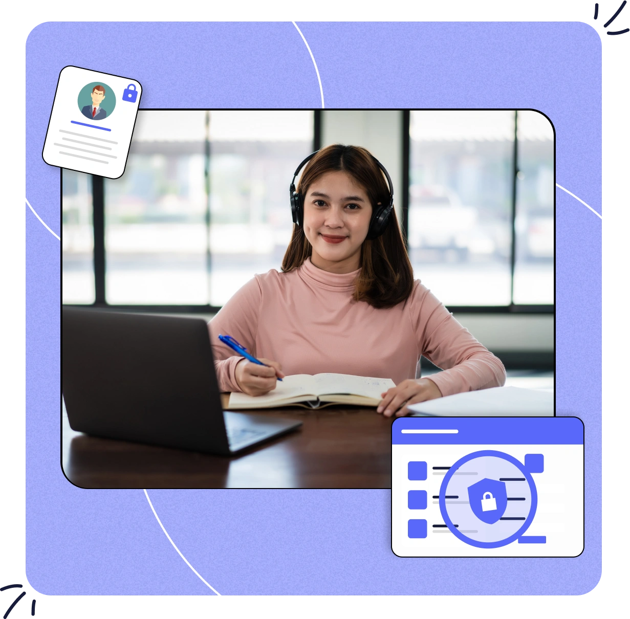 Tutor using a computer with highlighted security protection icons.