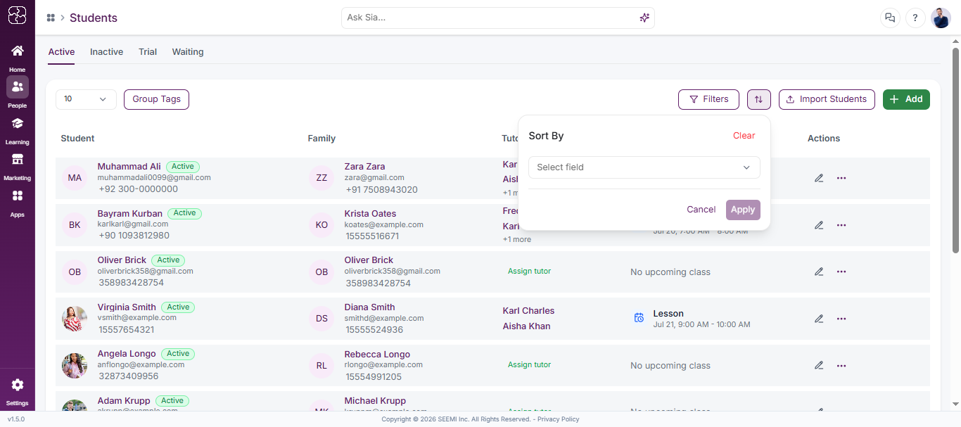 Sorting options for student list in Seemi CRM