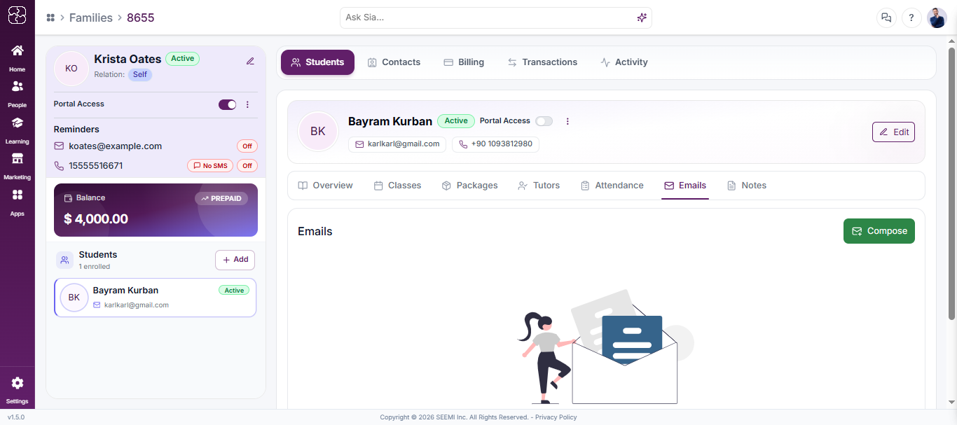 Email communication tab in Seemi CRM student profile