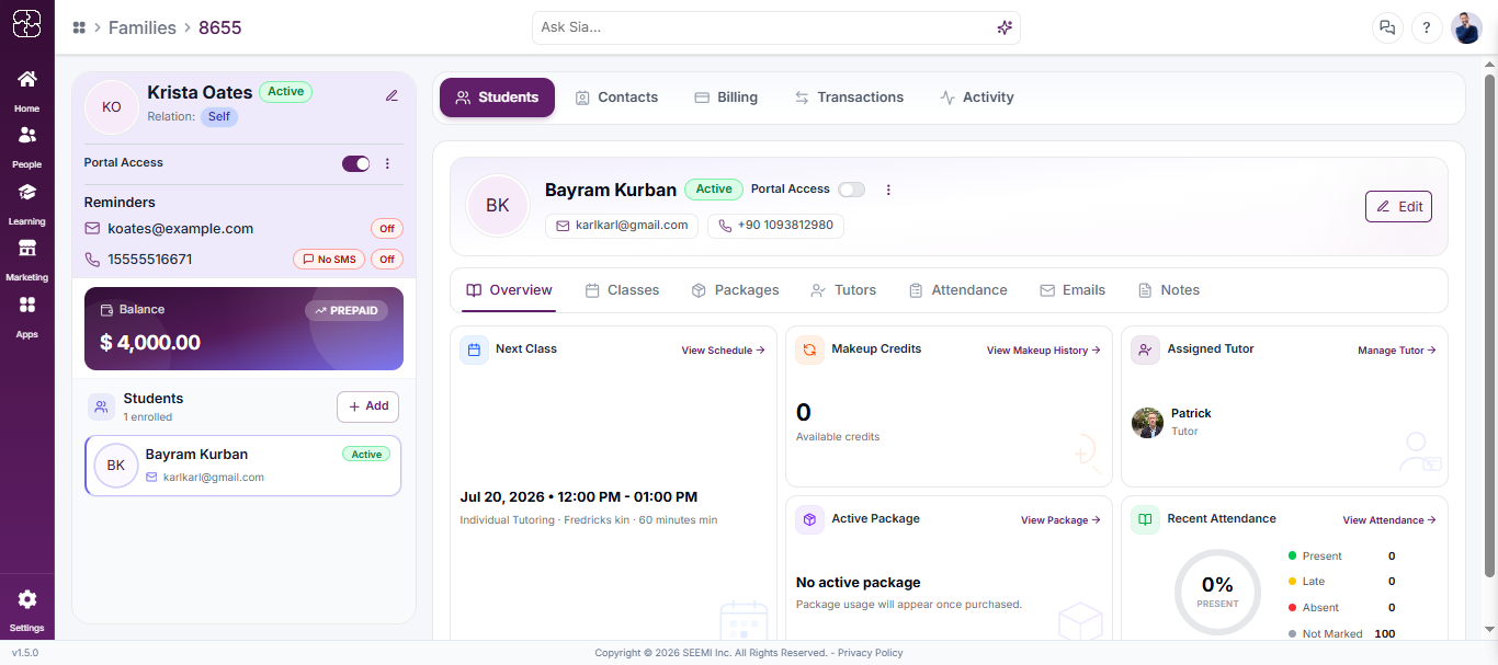 Student profile tabs in Seemi CRM