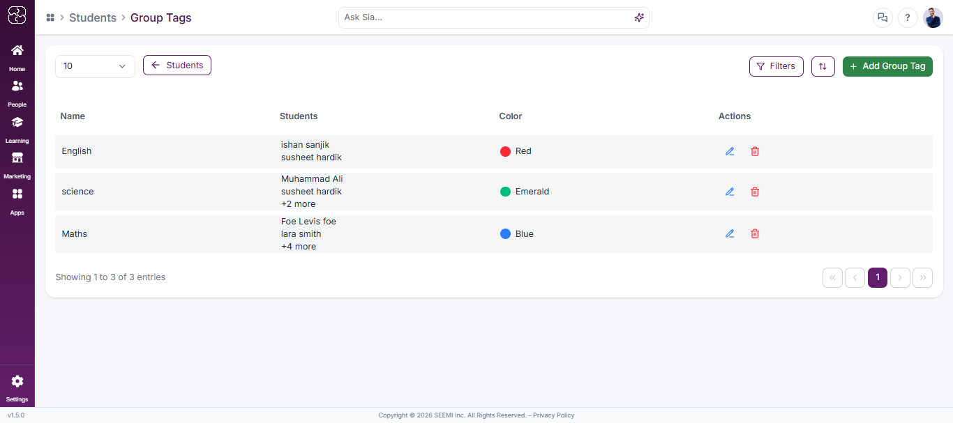 Group tag options in Seemi CRM Students section