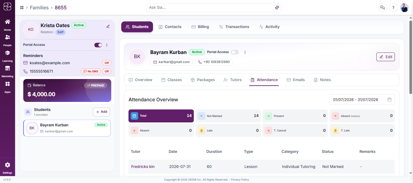 Attendance and notes tab in Seemi CRM