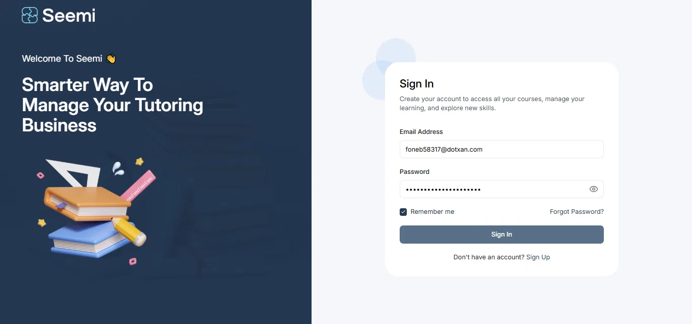 Seemi CRM login page after successful registration