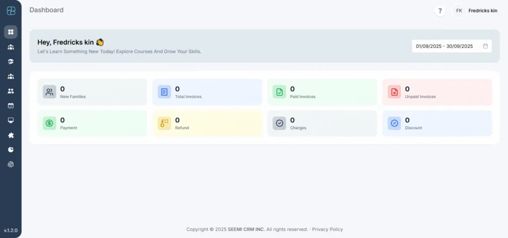 Seemi CRM dashboard with sidebar and financial metrics