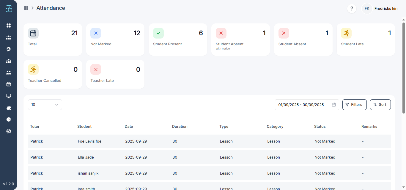 Attendance Dashboard showing student presence, absence, and session details