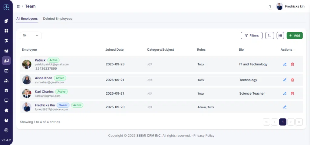 Team Module dashboard view for employee management