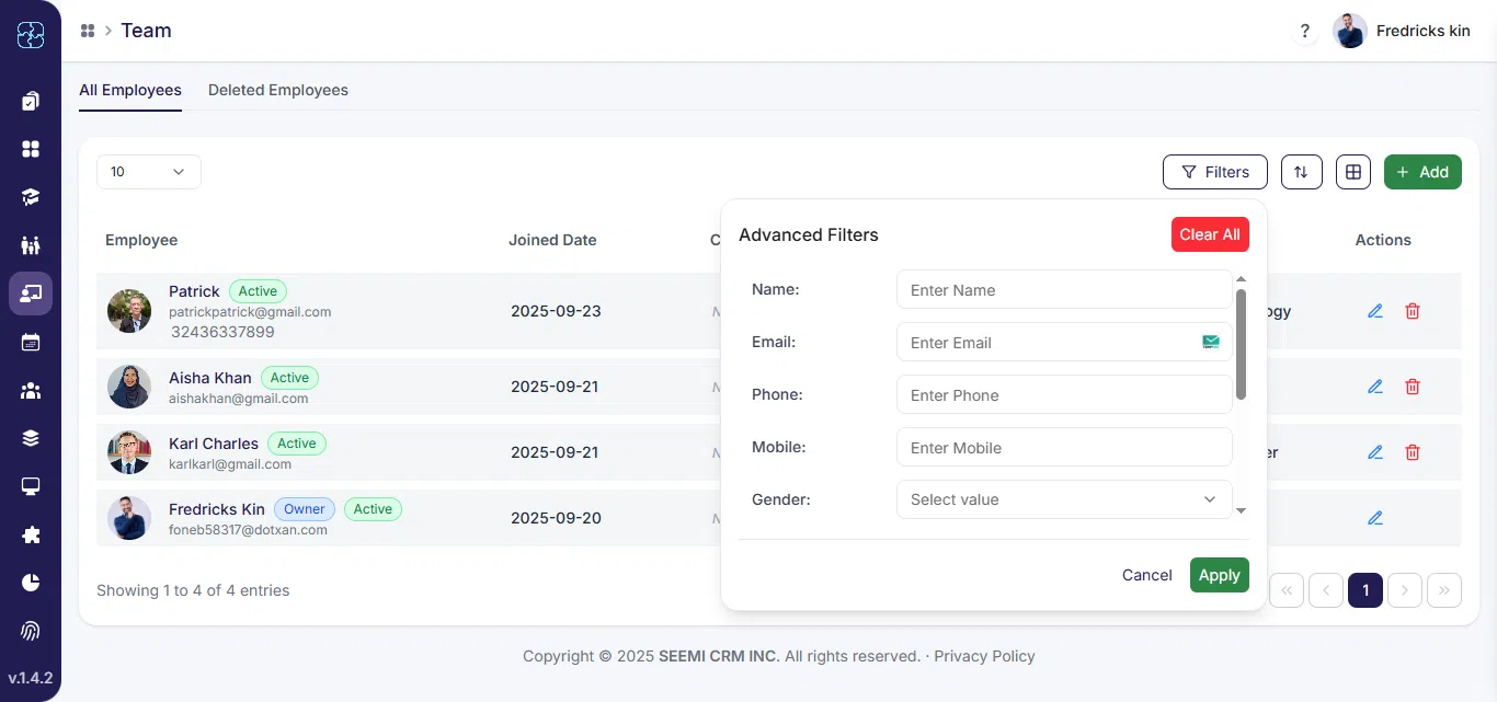 Advanced filter options for employees in Team Module