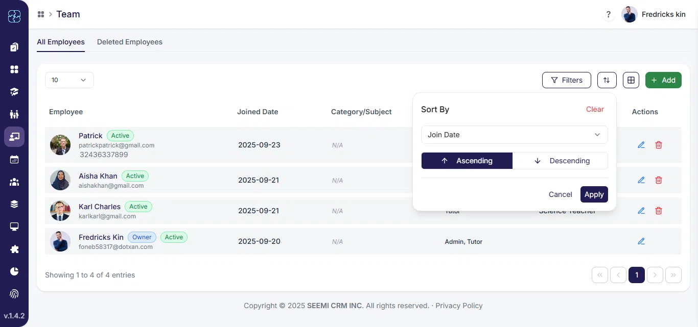 Sorting employee list in Team Module