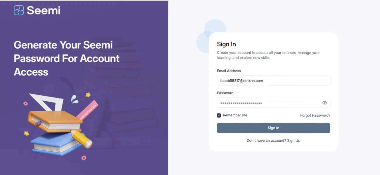 Seemi CRM login page after successful registration