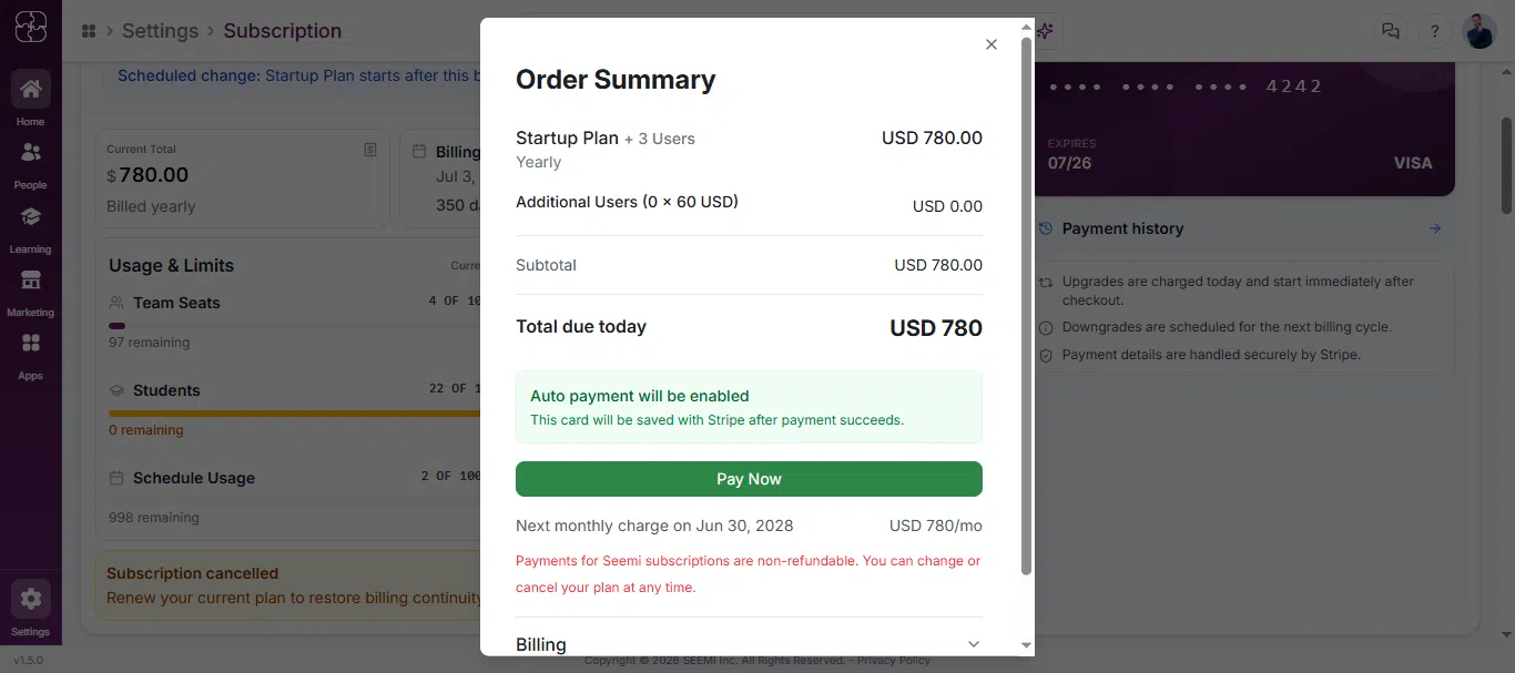 Reviewing order summary before confirming Seemi subscription.