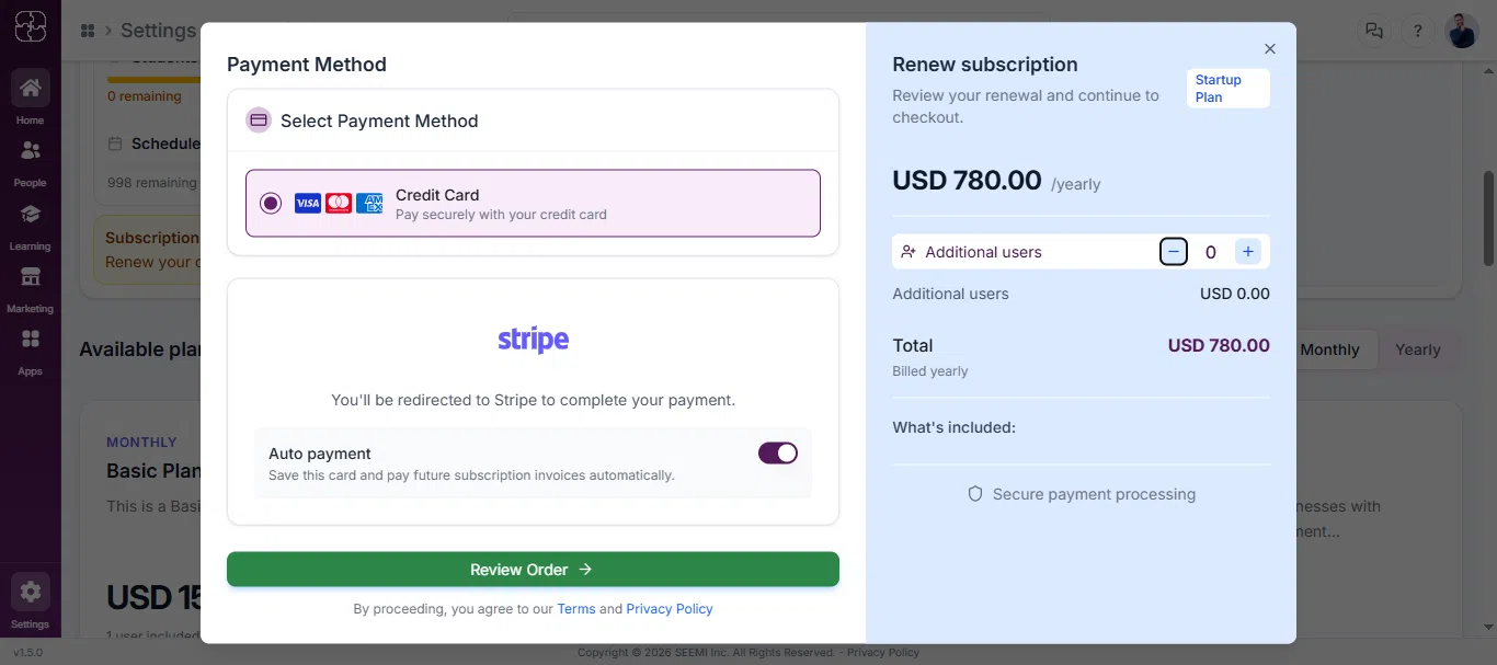Selecting a payment method for Seemi subscription.