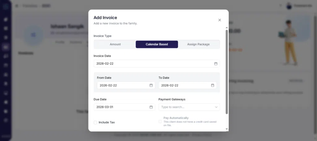 Invoice type selection form in Add Invoice popup