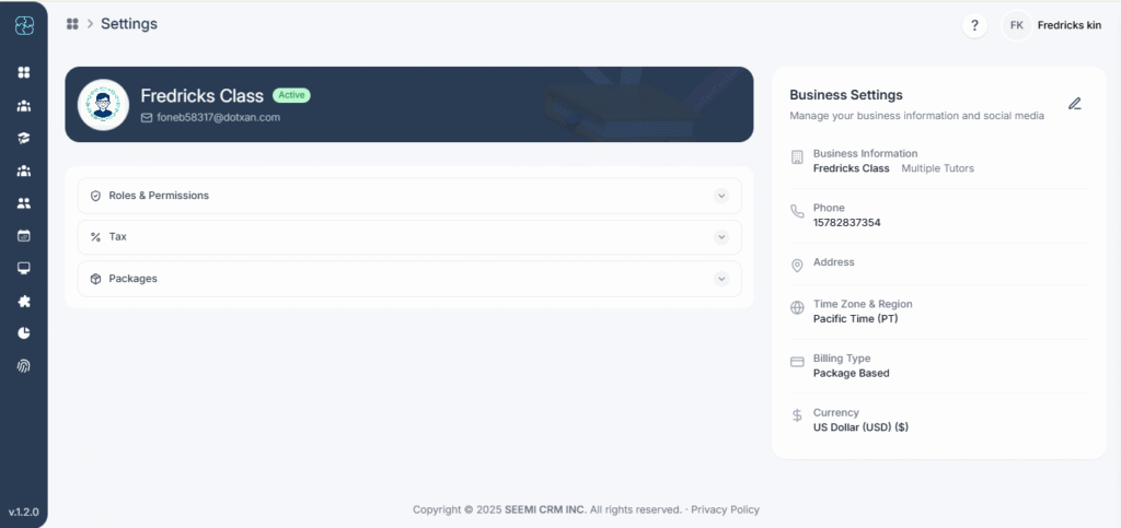 Business Settings section inside the Settings menu