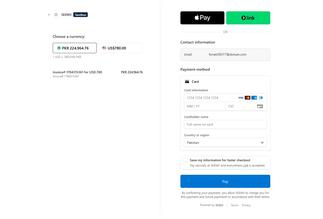 Entering credit card details via Stripe for Seemi payment.