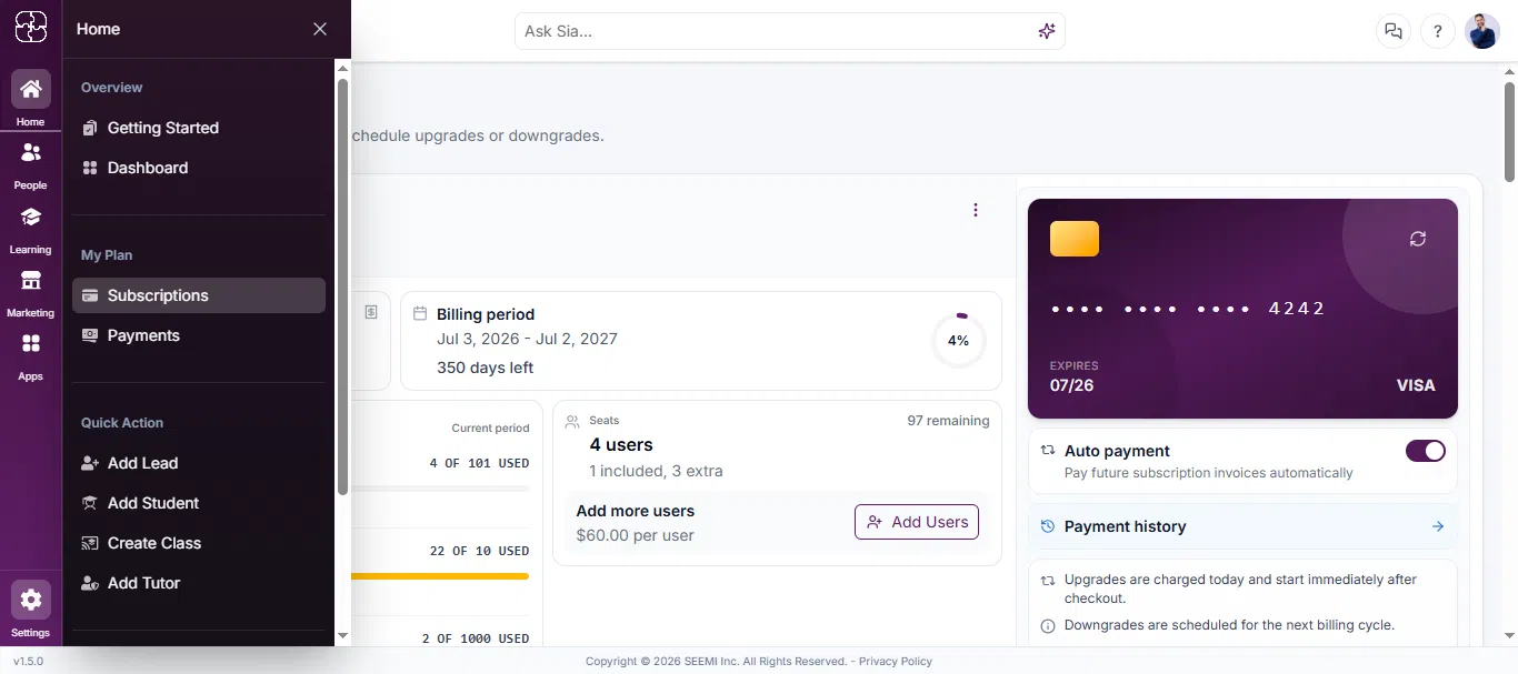 Accessing subscription settings in Seemi dashboard.