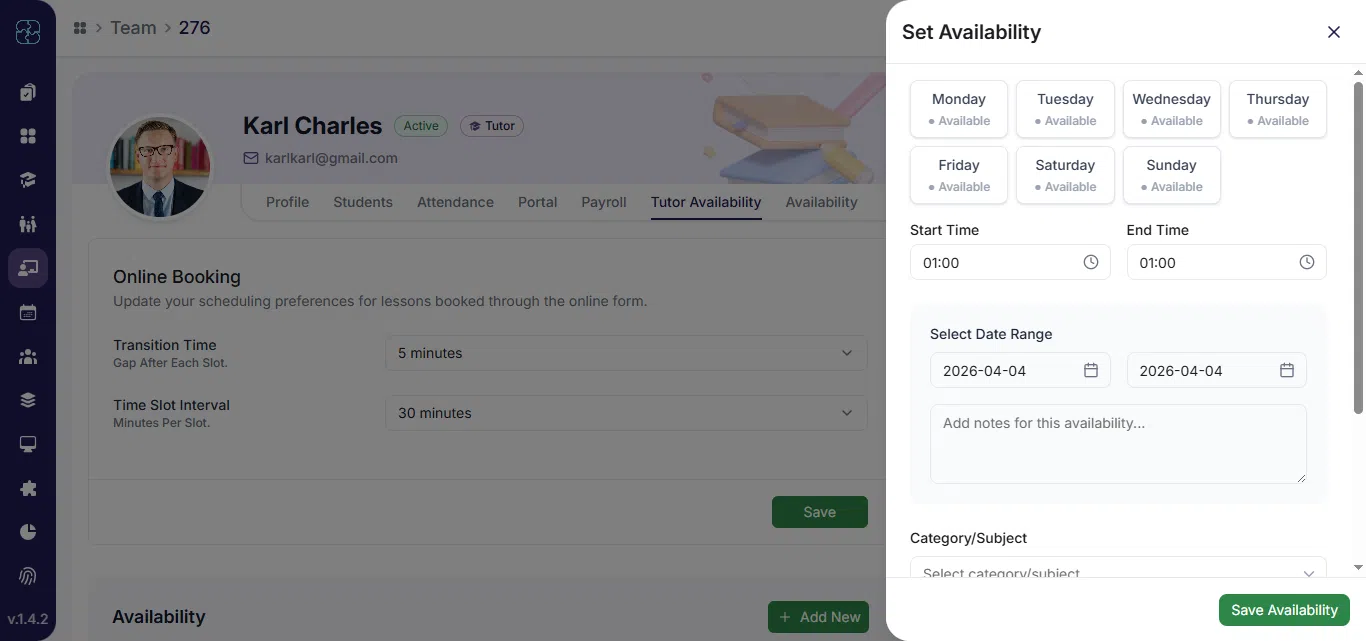 Add New Availability Slot form for tutors