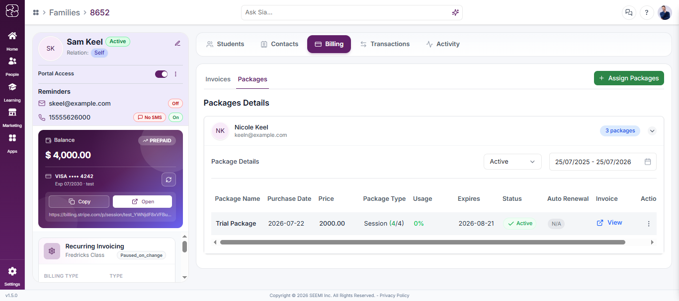 Package displayed in Invoices and Packages tab