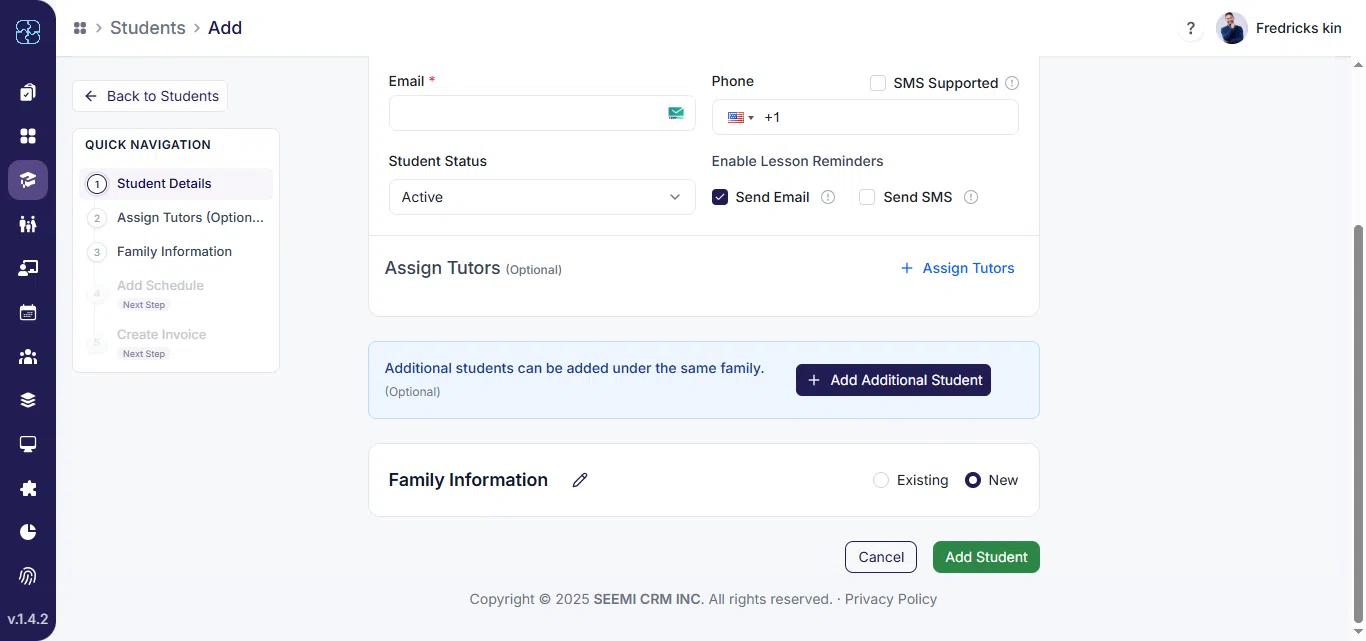 Select existing family option while registering a student