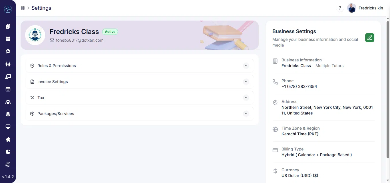 Business Profile page under Settings showing company details