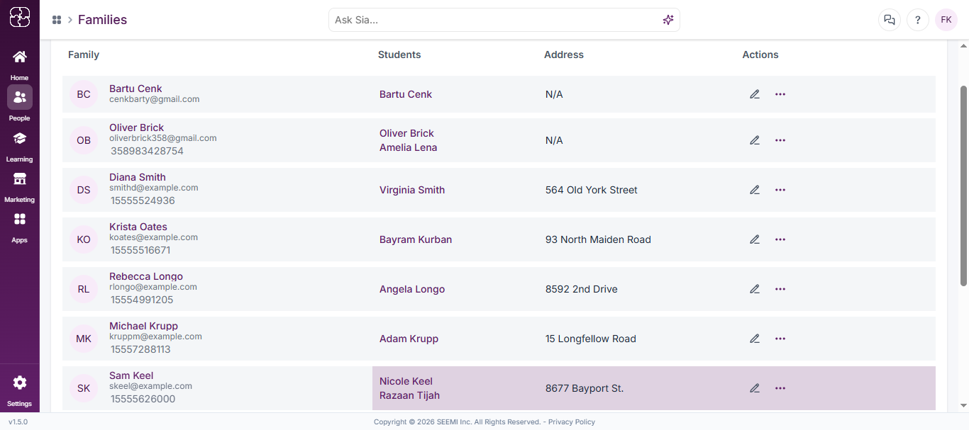 Family profile list in the dashboard