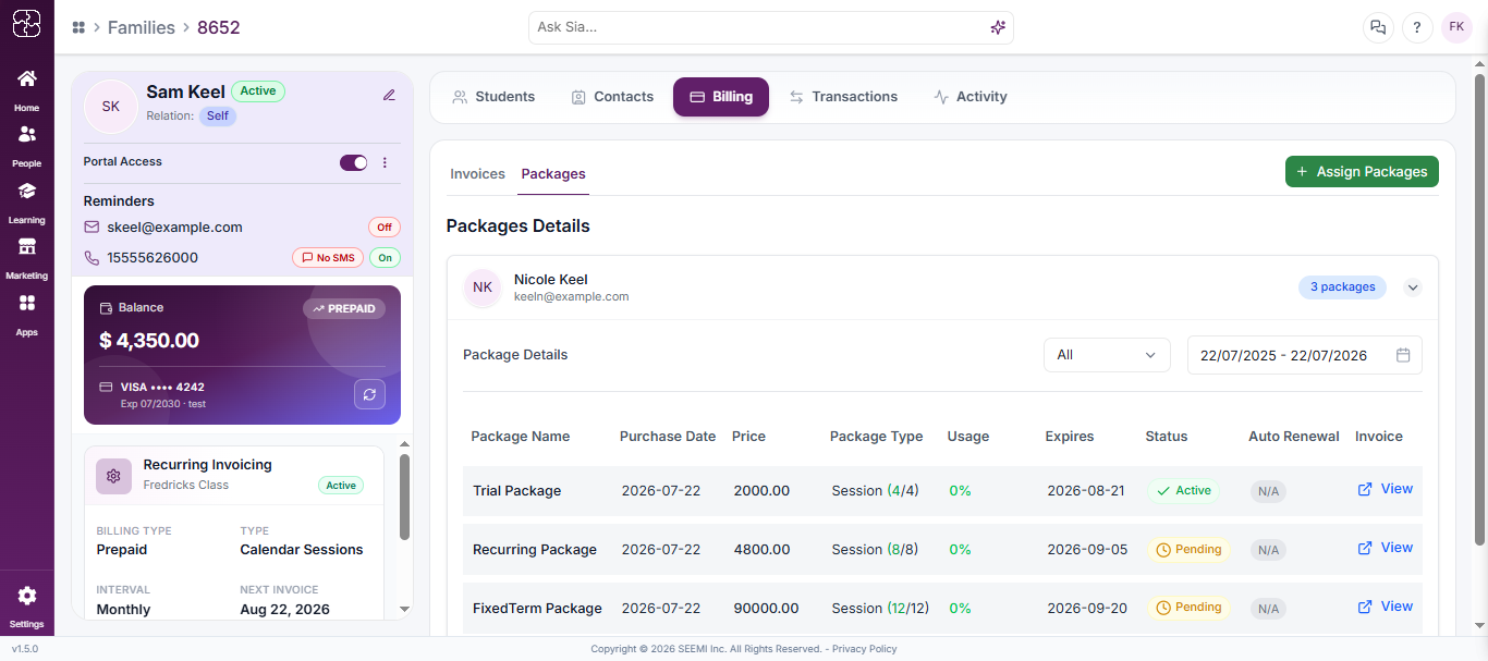 Package usage details table with session records