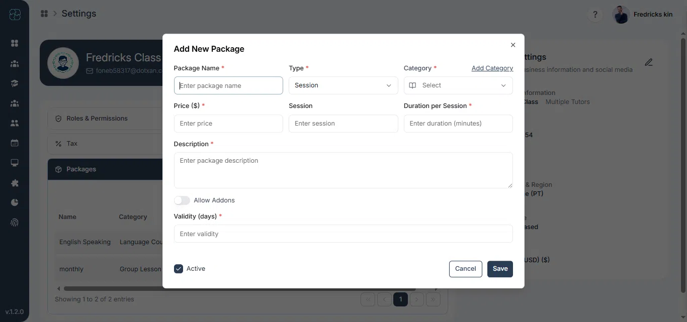 Package form fields for creating lesson packages