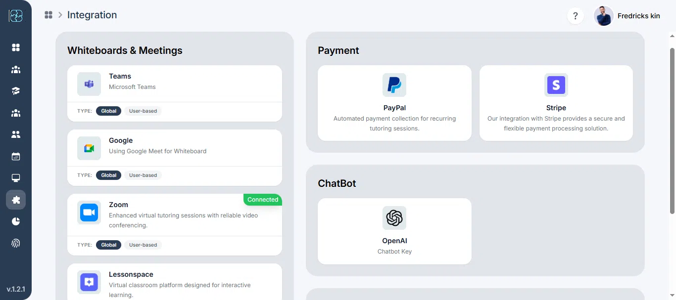 Seemi CRM dashboard showing the Integrations module with Zoom, Google Meet, and Microsoft Teams