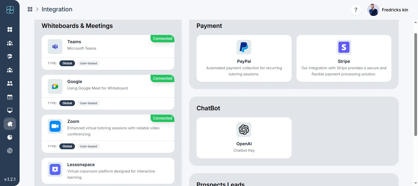 Connected Google Meet integration status in Seemi CRM