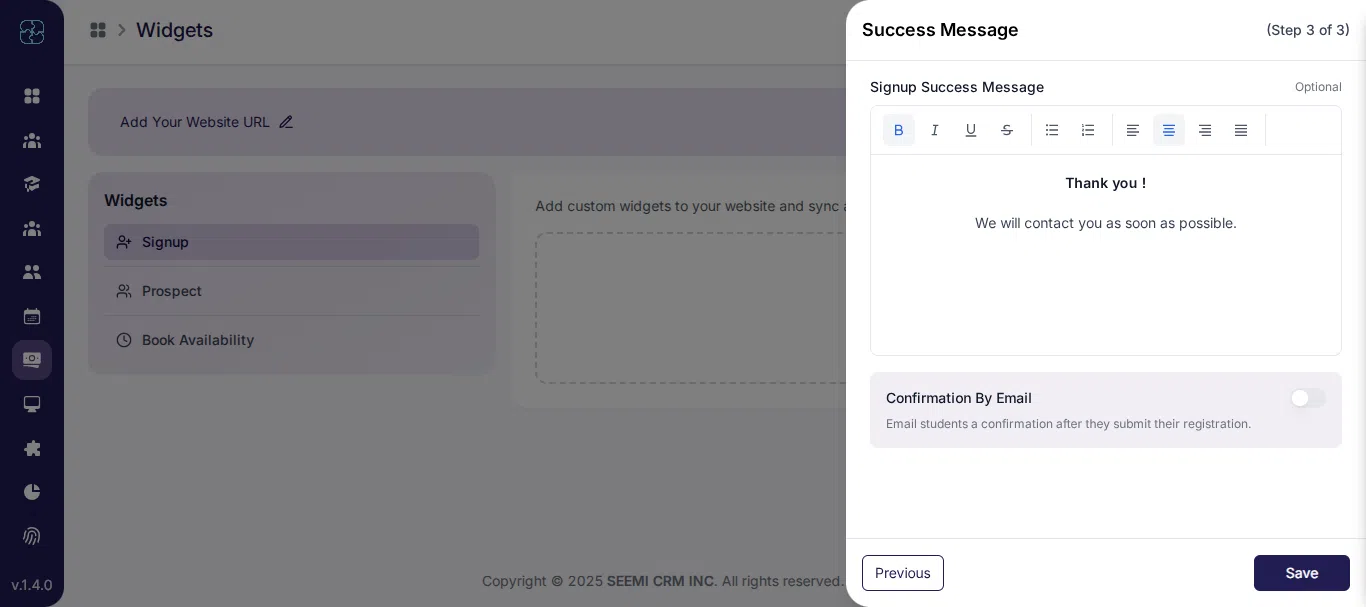 Signup widget success message and email confirmation in Seemi