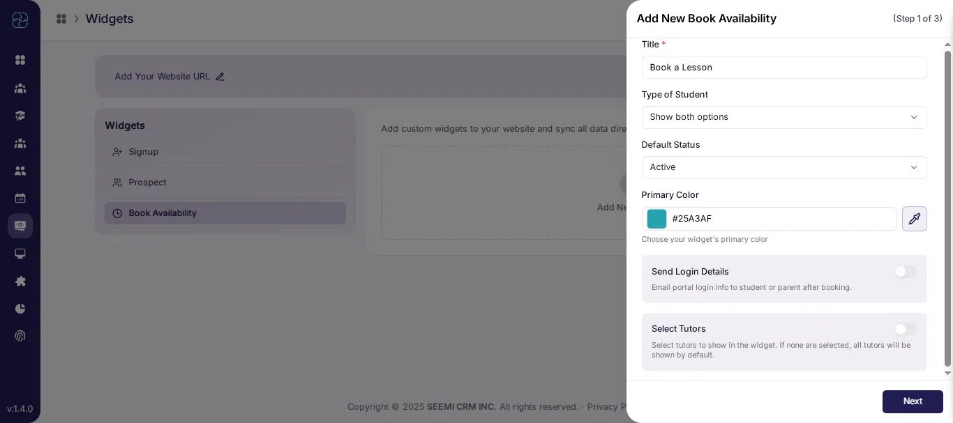 Book Availability widget basic settings and tutor selection in Seemi