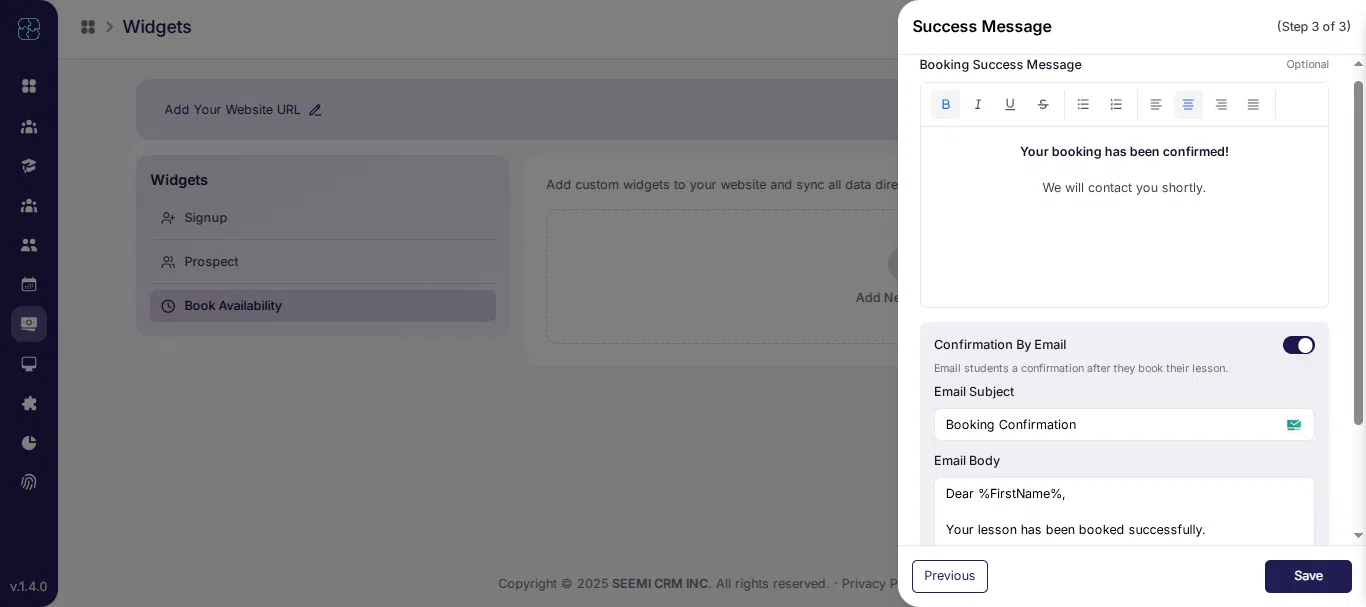 Book Availability widget success message and email confirmation in Seemi