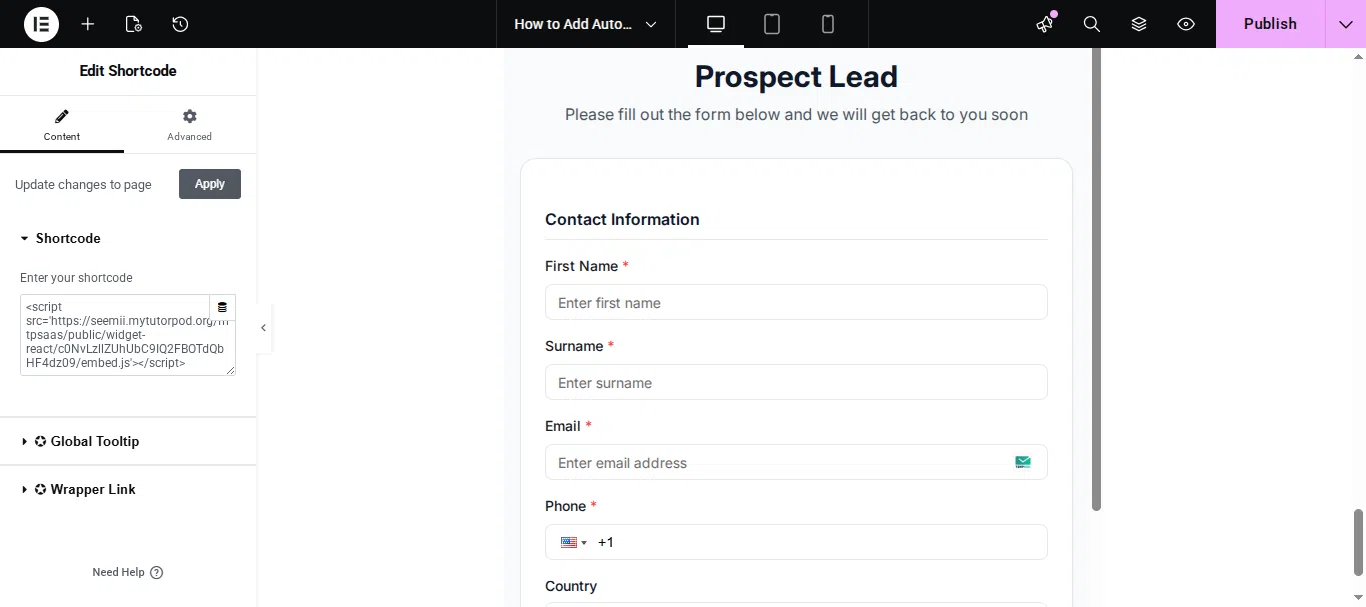 Embed code for Prospect widget in Seemi