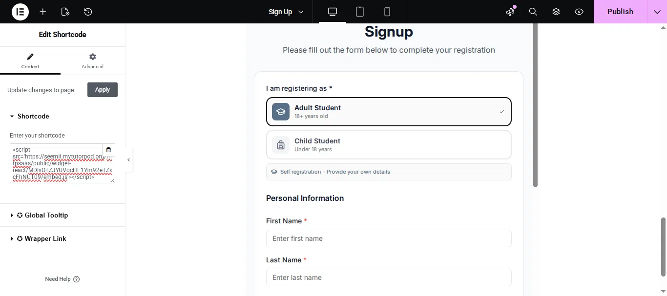 Embed code for Signup widget in Seemi