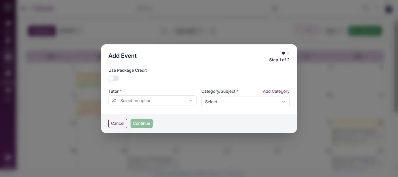 Add Event form showing required lesson details