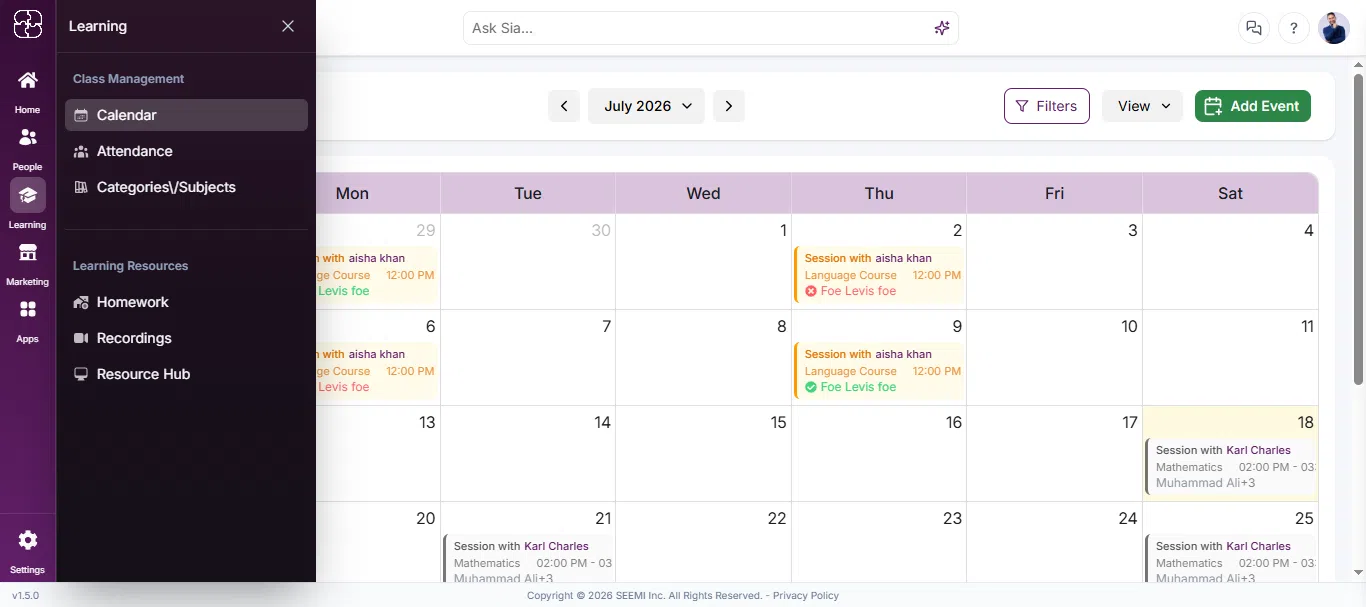 Calendar dashboard view showing scheduled events