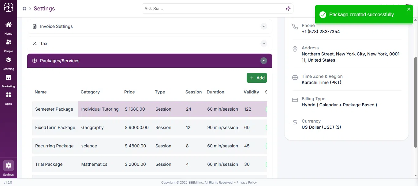Packages list showing a newly added package