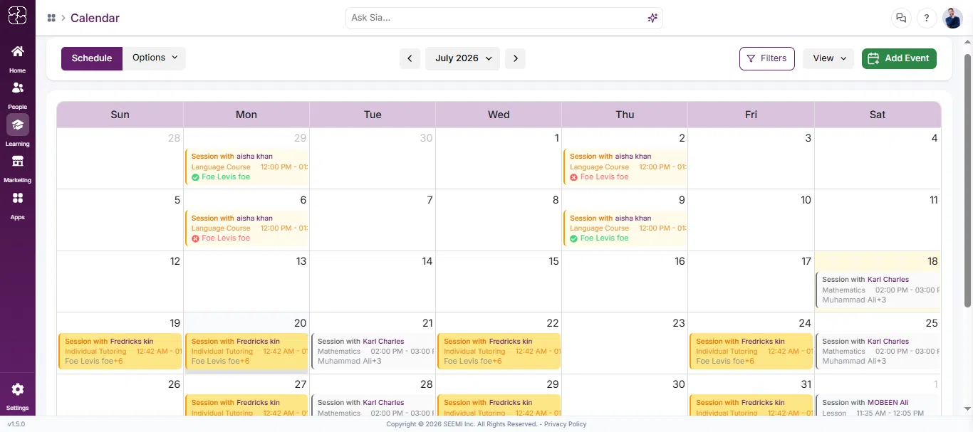 Seemi CRM calendar showing scheduled lessons after creating an event